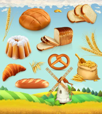 Çiftlik. Buğday ve ekmek. Gıda 3d vektör seti