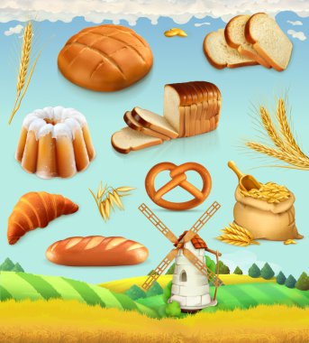 Farm. Wheat and bread. Food 3d vector set