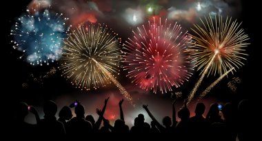 Gece havai fişek gösterisi ile Tatil Kutlaması, bir festival havai fişek gösterisi, vektör arka plan izlerken insanların silueti