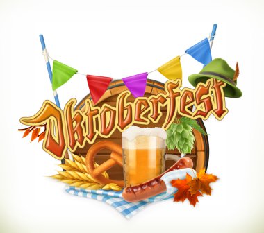 Münih Bira Festivali Oktoberfest, bu vektör herhangi bir bira üreticisi tarafından da kullanılabilir. Fıçı, kraker, içecek, hop, tahıl, sosis, şapka