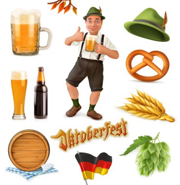 Münih Bira Festivali Oktoberfest, bu vektör herhangi bir bira üreticisi tarafından da kullanılabilir. 3d vektör simgesi ayarlandı. Komik çizgi film karakterleri ve nesneler.