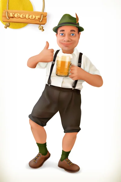 Veselý muž s pivem, kreslená postava. Oktoberfest. 3D vektorová ikona — Stockový vektor