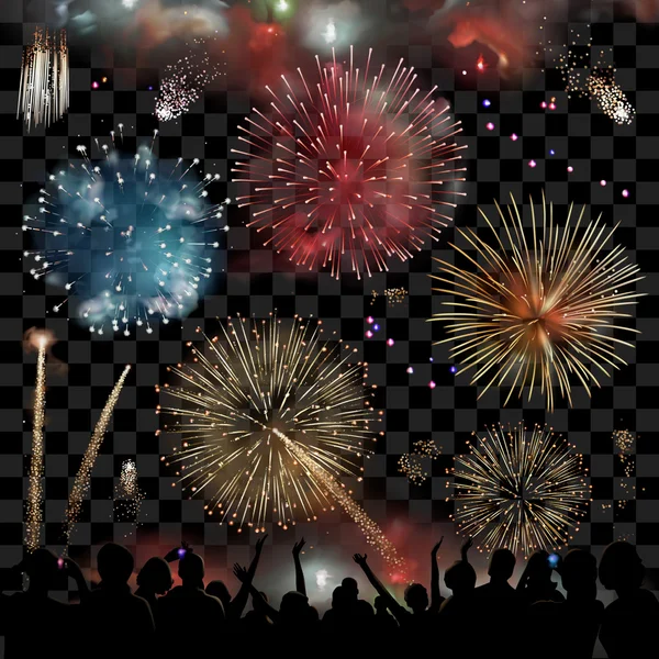 Férias Celebração com fogos de artifício show à noite, silhueta de pessoas assistindo a uma exibição de fogos de artifício festivo, definir elementos gráficos vetoriais —  Vetores de Stock