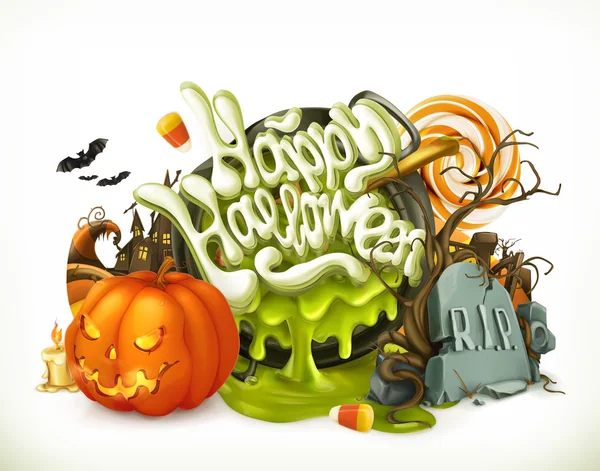 Emblème vectoriel 3D Halloween. Ensemble de personnages de dessins animés et d'objets, texte de salutations Joyeux Halloween pour flyers et affiches — Image vectorielle