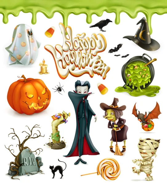 Iconos vectoriales 3D Halloween. Calabaza, fantasma, araña, bruja, vampiro, maíz dulce. Conjunto de personajes y objetos de dibujos animados, texto de felicitaciones Feliz Halloween para tarjetas de invitación y carteles — Vector de stock