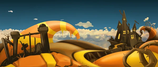 Dia das Bruxas. Panorama da paisagem dos desenhos animados. gráficos vetoriais 3d — Vetor de Stock