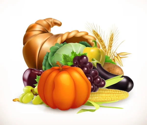 Horn of plenty. Harvest fruits and vegetables. Cornucopia. 3d vector icon — Stock Vector