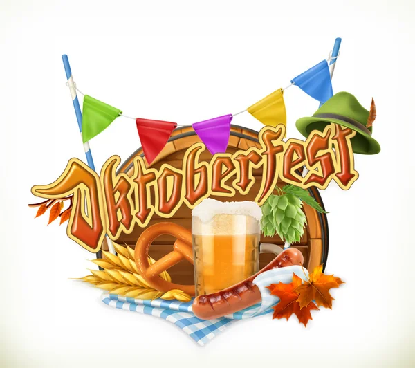Munich Beer Festival Oktoberfest, le vecteur peut également être utilisé par tous les fabricants de bière. Baril, bretzel, boisson, houblon, céréales, saucisse, chapeau — Image vectorielle