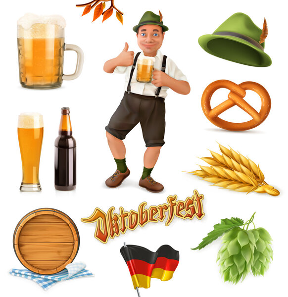 Munich Beer Festival Oktoberfest, the vector can also be used by any beer manufacturers. 3d vector icon set. Funny cartoon characters and objects.