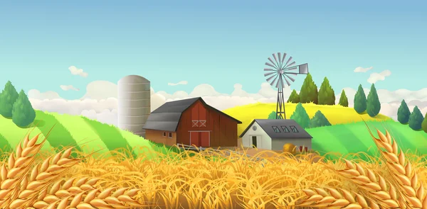 麦畑だ。農場の風景。ベクトル背景 — ストックベクタ
