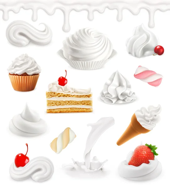 Whipped cream, milk, ice cream, cake, cupcake, candy. Sweet 3d vector icon set — Stock Vector