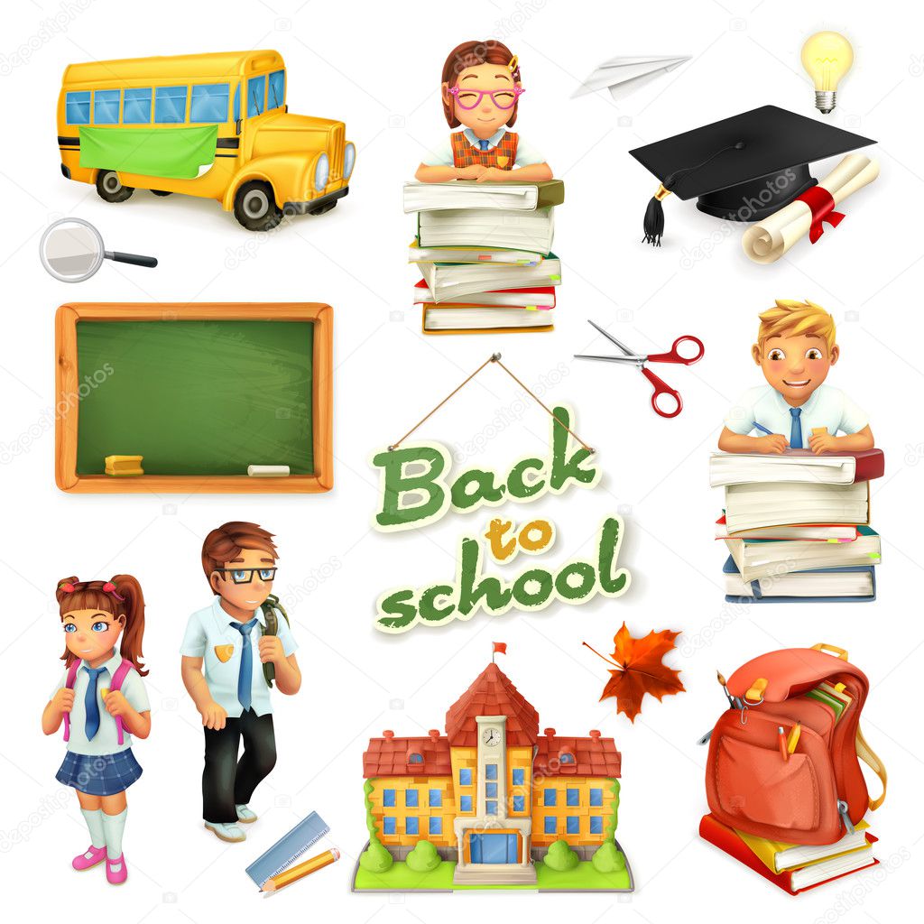School and education. 3d vector icon set. Funny cartoon characters and objects. Greetings text Back to school for invitation flyers and posters