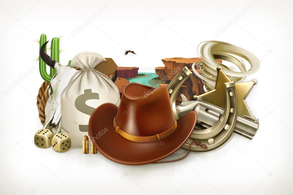 Cowboy Adventure. Game logo. Western retro style. 3d vector emblem