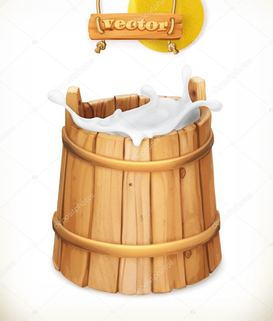 Wooden bucket. Milk. Rustic style. Natural dairy products. 3d vector icon