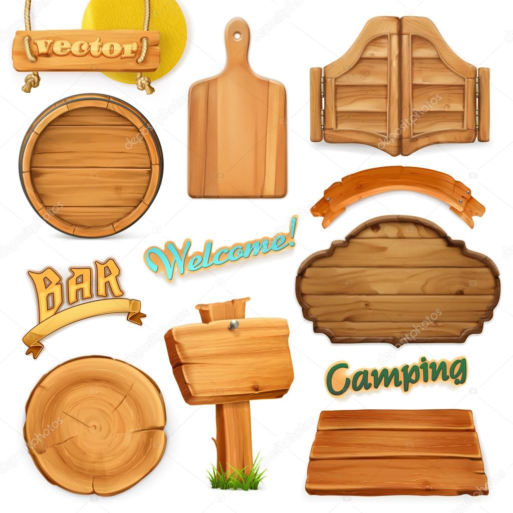 Wooden sign set. Template for logo, emblem. 3d vector