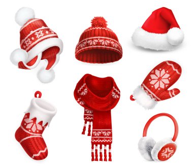 Kış giysileri. Noel çorap kap. Örme şapka. Noel çorap. Eşarp. Mitten. Etkilidirler. 3D vektör simgesi