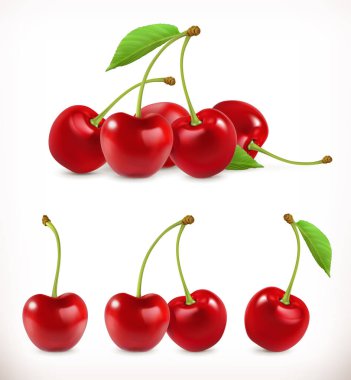 Cherry. Sweet fruit. 3d vector icons set. Realistic illustration clipart