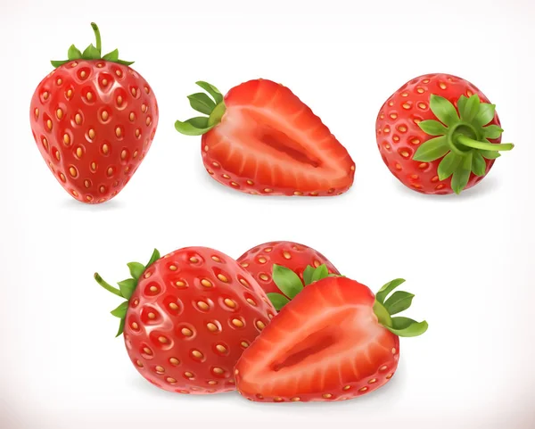 Erdbeere. Süße Früchte. 3D-Vektorsymbole gesetzt. Realistische Illustration — Stockvektor