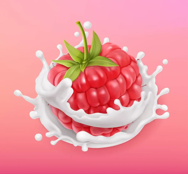 Framboesa e salpicos de leite. Frutas e iogurte. Ilustração realista. Ícone vetorial 3d — Vetor de Stock