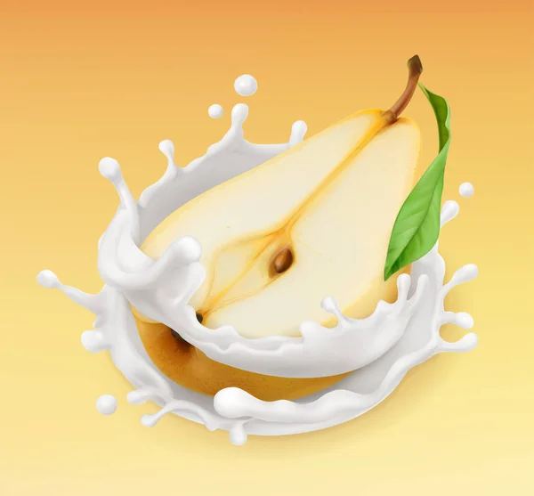 Hruška a mléčné fleky. Ovoce a jogurt. Realistické ilustrace. 3D vektorové ikony — Stockový vektor