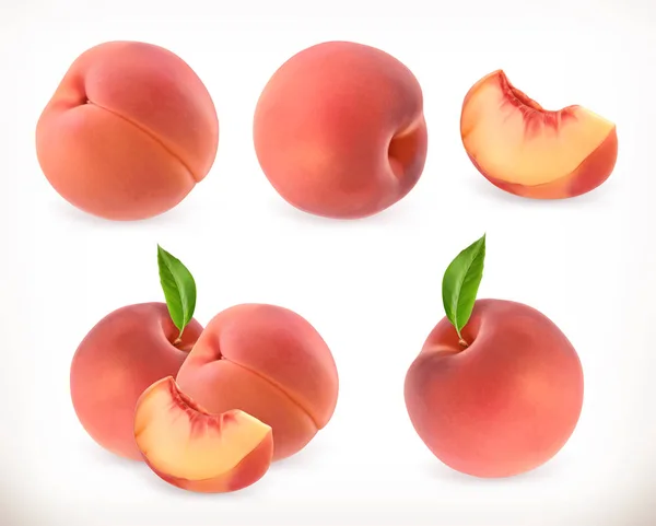 Peach. Sladké ovoce. 3D vektorové ikony nastavit. Realistické ilustrace — Stockový vektor