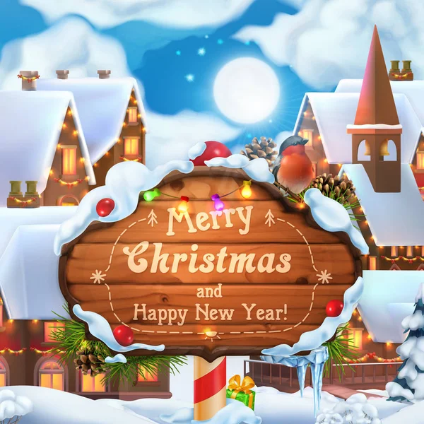 Feliz Navidad y feliz año nuevo. 3d ilustración vectorial. Pueblo de Navidad — Vector de stock