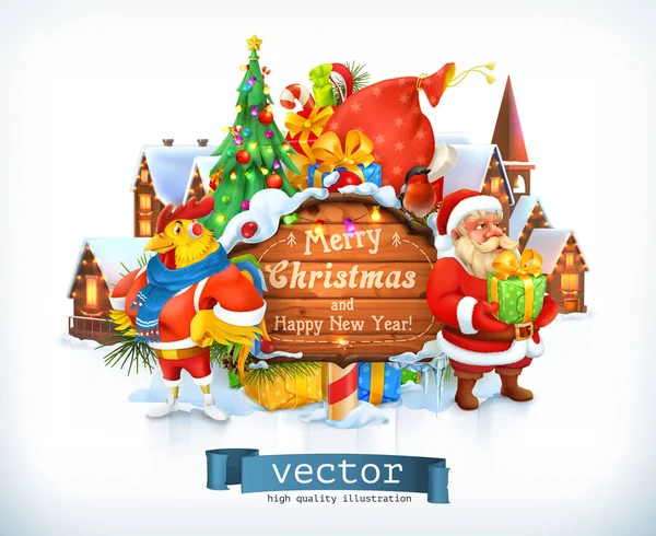God jul och gott nytt år. Jultomte, julgran, träskylt, tupp. 3D vektor — Stock vektor