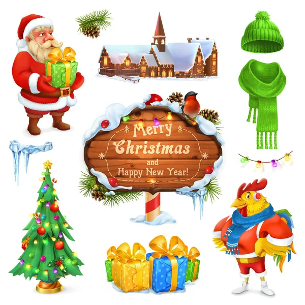 Frohe Weihnachten und ein gutes neues Jahr. Weihnachtsmann. Weihnachtsbaum. Holzschild. Geschenkbox. Winter-Strickmütze. 3D Vektor Icon Set — Stockvektor