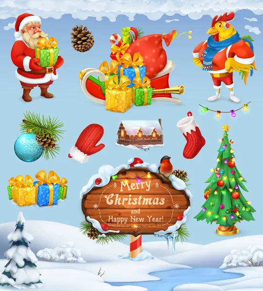 Frohe Weihnachten und ein gutes neues Jahr. Weihnachtsmann. Weihnachtsbaum. Holzschild. Geschenkbox. Winterhintergrund. 3D Vektor Icon Set — Stockvektor