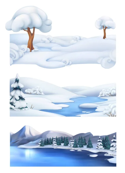 Weihnachtlicher Hintergrund. Winterlandschaft. 3d Vektor Banner Set — Stockvektor