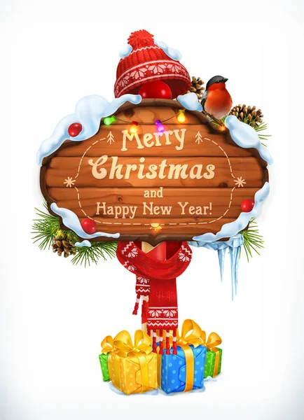 Christmas wooden sign. Merry Christmas and Happy New Year. Holiday 3d vector illustration — Stock Vector