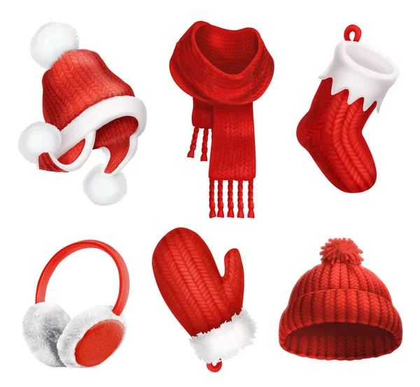 Winter clothes. Knitted hat. Christmas sock. Scarf. Mitten. Earmuffs. 3d vector icon — Stock Illustration Winter clothes. Knitted hat. Christmas sock. Scarf. Mitten. Earmuffs. 3d vector icon Royalty Free Stock Vectors
