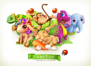 Fairy tale animals. Happy bunny, rabbit, cute unicorn, small dragon, baby elephant, monkey, chameleon. 3d vector clipart