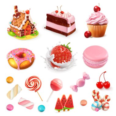Şekerleme ve tatlılar. Çilek ve süt, pasta, kek, şeker, lolipop. Pembe 3d vektör Icon set