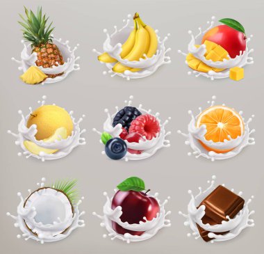 Meyve, böğürtlen ve yoğurt. Mango, muz, ananas, elma, portakal, çikolata, kavun, hindistan cevizi. 3d vektör kümesi 2