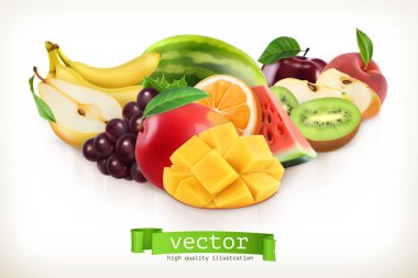 Mango ve sulu meyveler, üzerinde beyaz izole vektör çizim