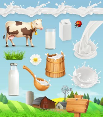 Süt ve çiftlik. Şişe, bardak, kaşık, kova. Damlalar pürüzsüz. Doğal süt ürünleri. 3d vektör simgesi ayarlandı