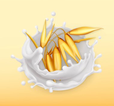 Oat and milk splash. Realistic illustration. 3d vector icon clipart