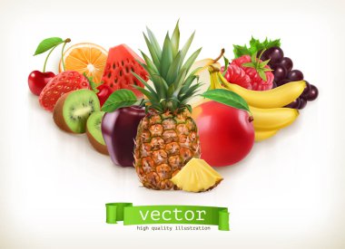 Pineapple and juicy fruits, vector illustration isolated on white