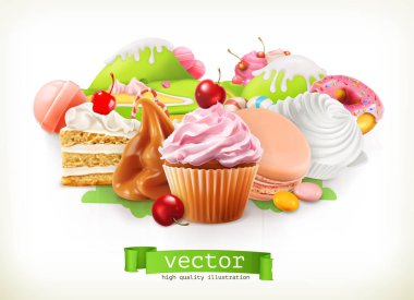 Sweet shop. Confectionery and desserts, cake, cupcake, candy, caramel. 3d vector illustration clipart