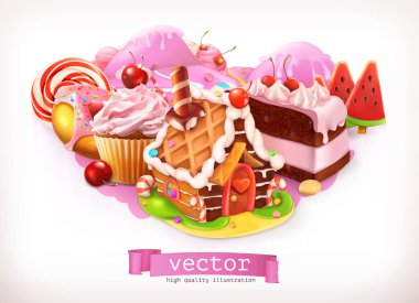 Sweet shop. Pink. Confectionery and desserts, gingerbread house, cake, cupcake, candy. 3d vector illustration