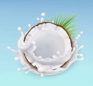 Coconut and milk splash. Fruit and yogurt. Realistic illustration. 3d vector icon clipart