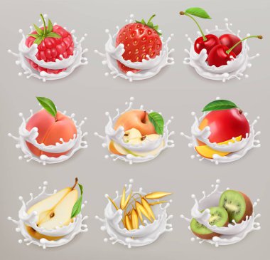 Meyve, meyve ve yoğurt. Çilek, ahududu, kiraz, armut, şeftali, elma, mango, kivi, tahıl. 1 3D vektör Icon set