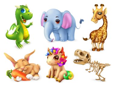 Komik hayvan seti. Mutlu tavşan, tavşan, şirin tek boynuzlu at, küçük ejderha, yavru fil, zürafa, dinozor. 3d vektör simgesi