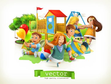 Park, çocuk parkı. Açık hava oyunları. 3d vektör illüstrasyonu