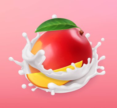 Mango ve süt sıçraması. Meyve ve yoğurt. 3d vektör simgesi. Gerçekçi çizim