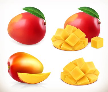 Mango. Tamamı ve parçaları. Tatlı meyve. 3d vektör simgeleri ayarlandı. Gerçekçi çizim