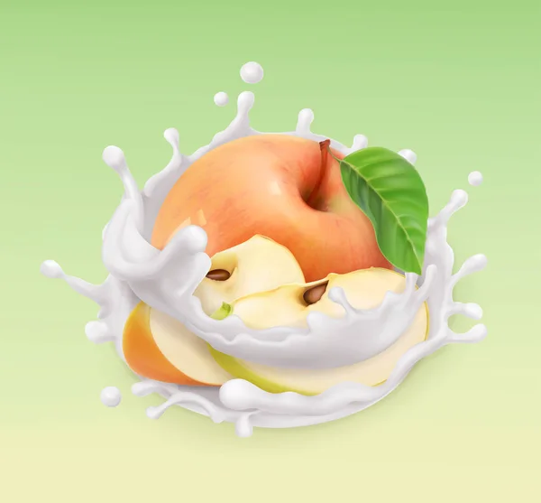 Mela e latte spruzzato. Frutta e yogurt. Icona del vettore 3d. Illustrazione realistica — Vettoriale Stock