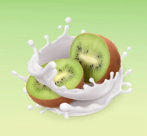 Kiwi gyümölcs és tej fröccsenés. Gyümölcs és joghurt. Reális illusztráció. 3d vektor ikon — Stock Vector