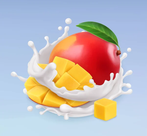 Manga e salpicos de leite. Frutas e iogurte. Ilustração realista. Ícone vetorial 3d — Vetor de Stock